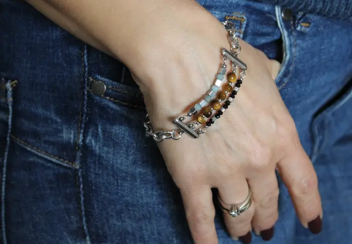 29 - צמיד מספינל שחור, אבן עין הנמר ואפטיט